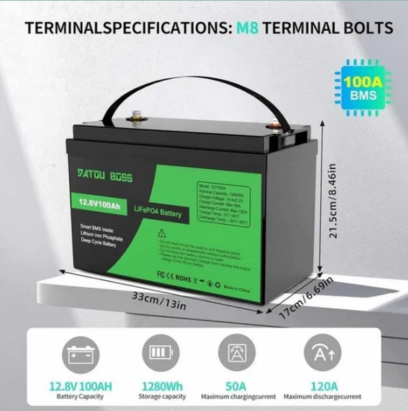 Акумулятор LiFePO4 Datouboss 12V 100Ah 1280Wh з BMS для інвертора та ДБЖ D-1580 фото